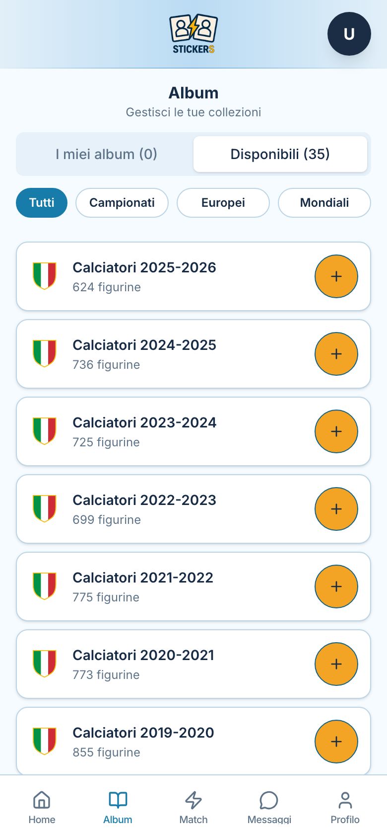 Catalogo delle collezioni disponibili, con il numero di figurine per album